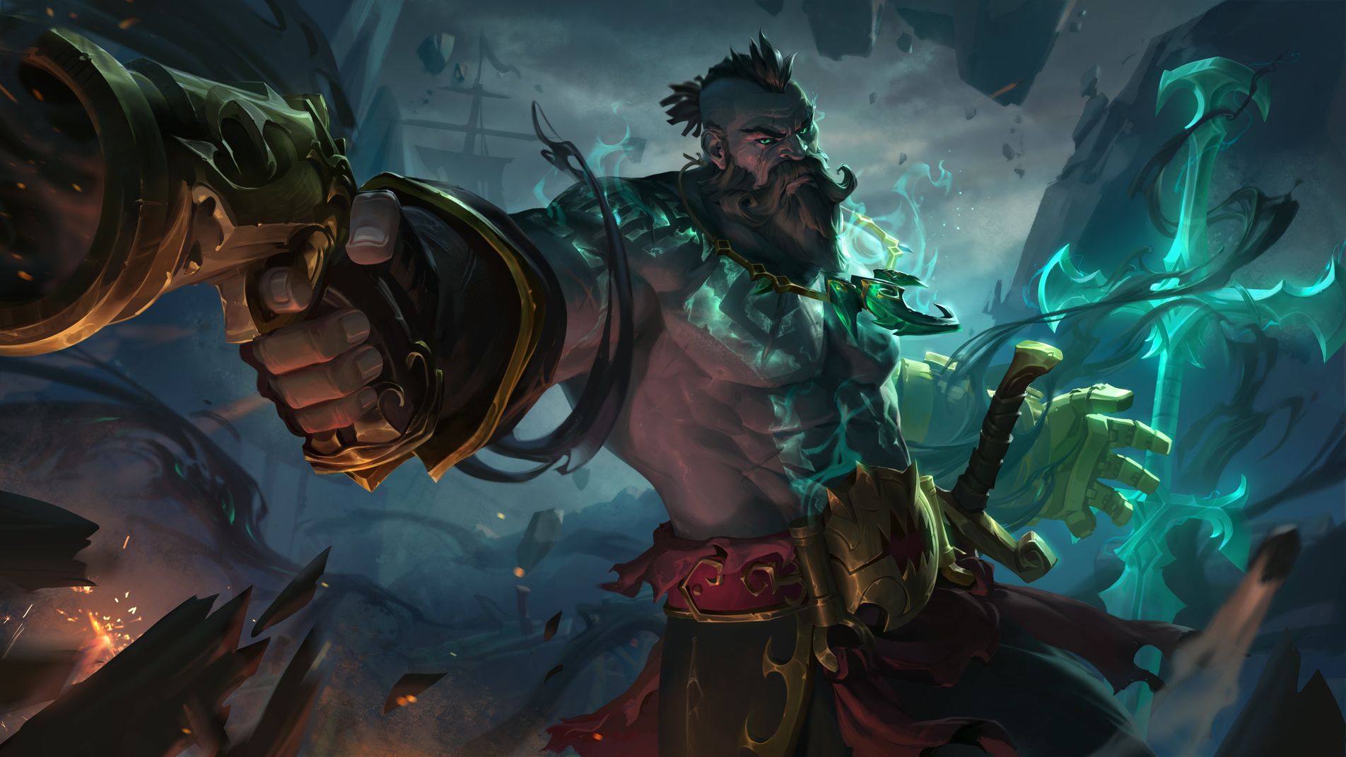 Gangplank firing his gun and wielding his sword